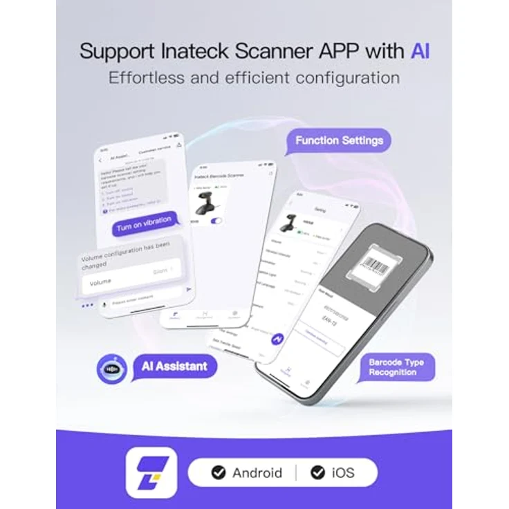 Inateck 560B Barcodescanner, Grau, mit Datentransferstation, 1D/2D Barcode-Unterstützung, 100 Scans/Sekunde, 12 Stunden Akkulaufzeit – Bild 6