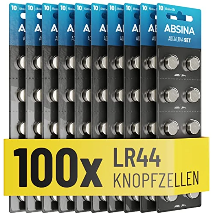 ABSINA AG13 LR44 Knopfzelle 100er Pack - 1,5V Alkaline Knopfbatterien mit langer Haltbarkeit, auslaufsicher - LR1154 / L1154 / G13A / V13GA - Knopfzellen in Silber – Bild 1