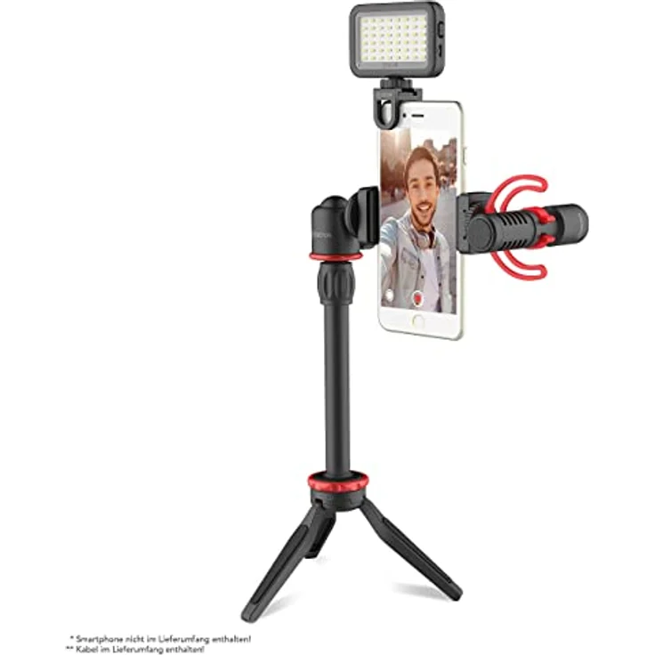 BOYA Walimex pro Smartphone Video Kit VG350 I Video Stabilisator I Video Rig mit Mikrofon, Mini LED Licht, Dreibein Stativ, universellem Smartphone-Halter und Fell-Windschutz I mobiles Vlogging Kit – Bild 5