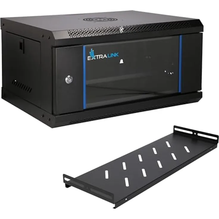 Extralink Serverschrank 19 Zoll 4HE, Netzwerkschrank schwarz mit 400mm Tiefe, Traglast 60 kg, inkl. praktischer Regale, Wand- oder Standmontage