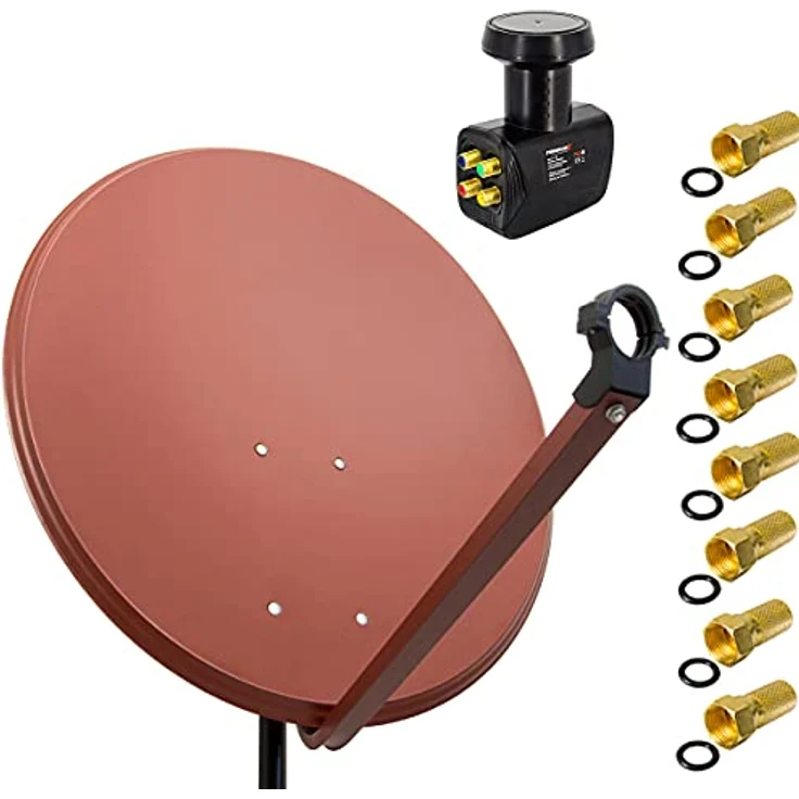 PremiumX SAT Anlage 80cm, Aluminium Antenne in Ziegelrot mit Quad LNB und 8x F-Stecker – Bild 1