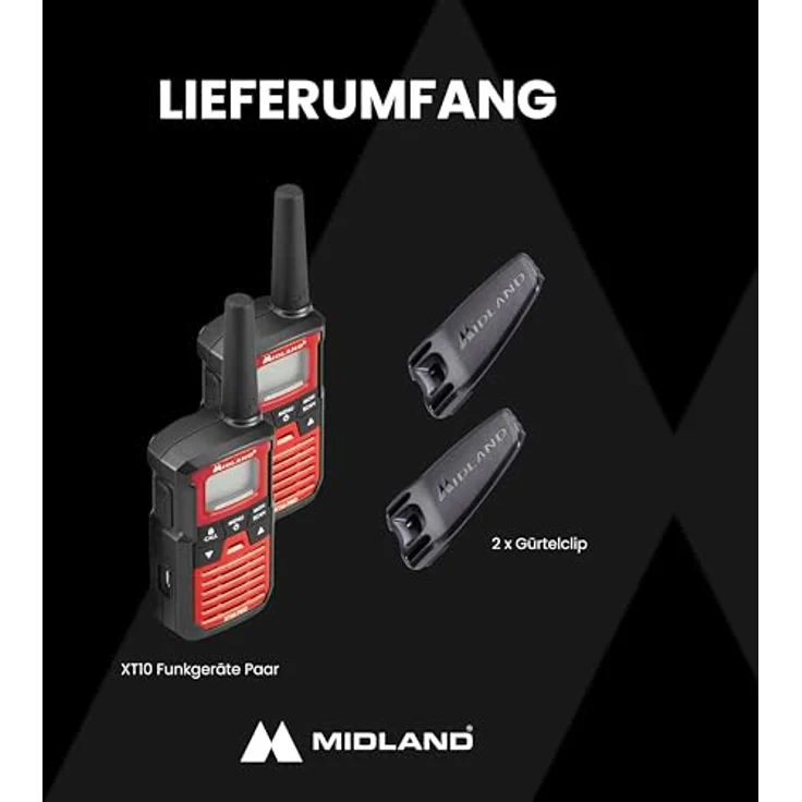 MIDLAND Walkie Talkie XT10 Pro, 16 PMR446-Kanäle, spritzwassergeschützt, Schwarz/Rot - 2er Pack – Bild 9