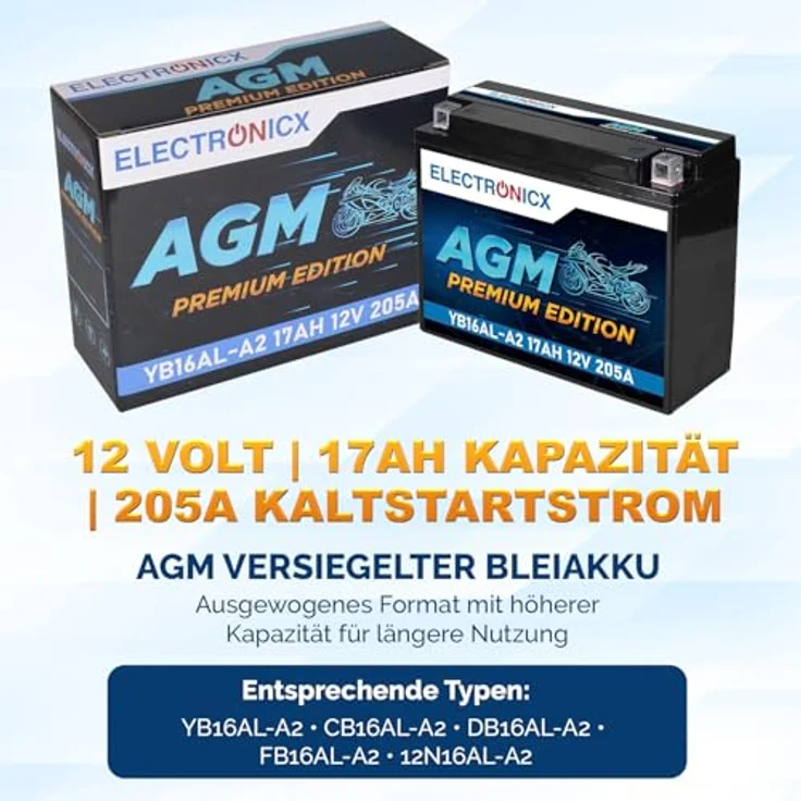 Electronicx AGM-YB16AL-A2 AGM Motorradbatterie 17Ah 12V, wartungsfrei, rüttelfest, auslaufsicher für Motorrad, Roller, Quad und ATV – Bild 5