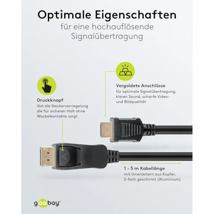 goobay 64835 DisplayPort 1.2 auf HDMI Adapterkabel 1.4 4K@30Hz / Vergoldete Stecker / Ultra High Speed Kabel / Laptop zu TV, PC, Monitor / 1M – Bild 4