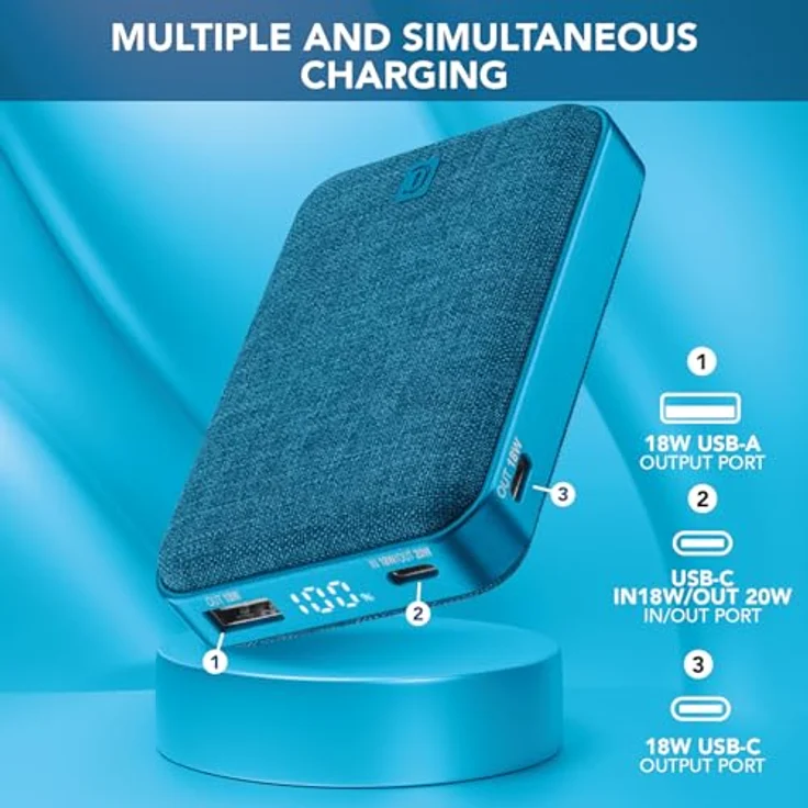 Cellularline Power Bank Glam 10000 – 10000mAh Powerbank mit LCD-Display, 3 Anschlüsse (USB-C Eingang/Ausgang 18W, USB Ausgang 18W), Stoffveredelung, für Smartphones - Blau – Bild 3