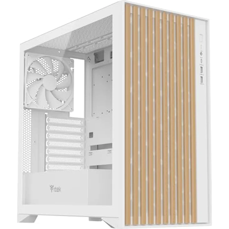 iTek Case Woody - Gaming Tower, ATX, 3x14cm White Fan, 2xUSB3, Type-C, Wood Front, Temp Glass Side Panel, White Edition – Bild 1