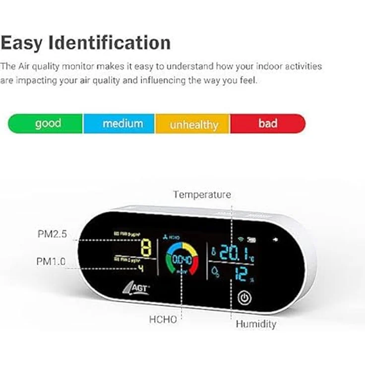 AGT Raumluftmessgerät: 5in1-Akku-Luftqualitätsmesser, HCHO, PM1/2,5, Temperatur u.v.m., App (Feinstaubmessgerät, Luftmessung, Gesundheit) – Bild 4