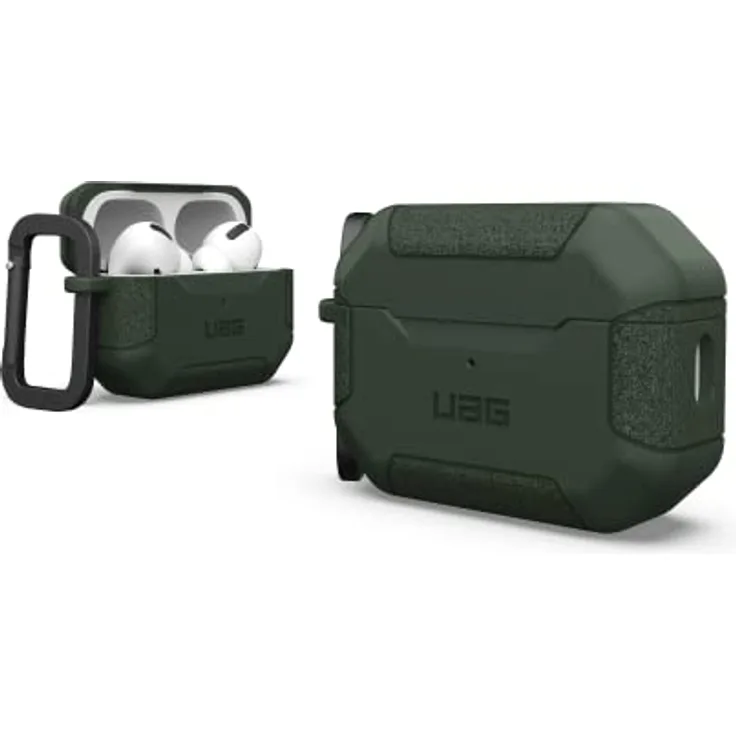 Urban Armor Gear Scout Case für die Apple AirPods Pro 2022 Hülle [Wireless-Charging kompatibel/Status LED sichtbar, Strukturiertes TPU, Abnehmbarer Karabinerhaken] Olive