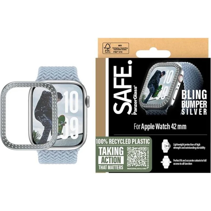 SAFE by PanzerGlass Bling Bumper Silver für Apple Watch Series 10 | 42mm, Kratzfest, Stoßschutz, Einfache Installation, Voller Funktionszugang