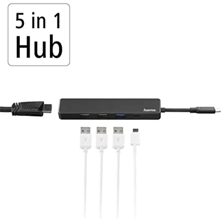 Hama USB C Hub, 5 Anschlüsse (USB C Adapter mit 480 Mbit/s High Speed, HDMI Splitter für 4K Qualität mit USB 3.0, Power Delivery), schwarz – Bild 2