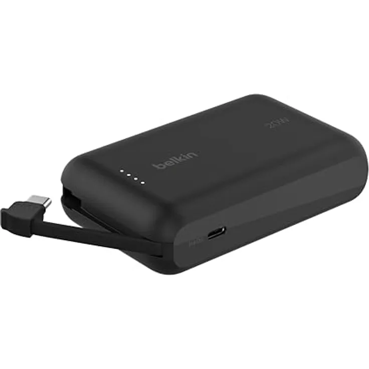 Belkin BoostCharge Power Bank, Portable Powerbank 10000mAh mit integriertem Kabel, PD 20 W – USB-C Power Delivery, für iPhone 16-Serie, iPad Pro und Galaxy S24, in Schwarz