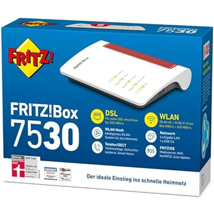 AVM FRITZ!Box 7530 WLAN AC+N Router, DSL/VDSL bis 866 MBit/s (5GHz) & 400 MBit/s (2,4 GHz), VDSL-Supervectoring 35b, WLAN Mesh, DECT-Basis, Media Server, Rot, Weiß (Generalüberholt) – Bild 3