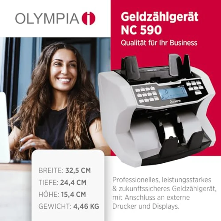 Olympia NC 590, Geldzähler für Scheine mit Falschgeldprüfung, 1500 Noten/Min, LCD Display, Frontladegerät, gemischtwertzähler für unsortierte Banknoten – Bild 2