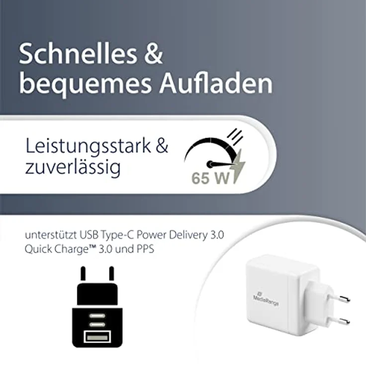 MediaRange 65W GaN Ladeadapter - 3-Port Steckdosen-Ladeadapter mit Schnellladefunktion, 1x USB-A und 2X USB-C Ausgang, kompatibel mit iPhone 13, 12, iPad Pro, AirPods Pro, Galaxy, S22, S21 – Bild 3