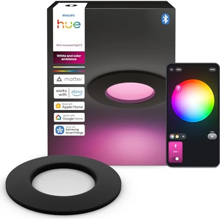 Philips Hue LED-Einbauleuchte Slim White & Color Ambiance Ø 9 cm, Schwarz, smarte Deckenbeleuchtung mit wasserresistentem Design und ultra-tiefer Dimmfunktion – Bild 1