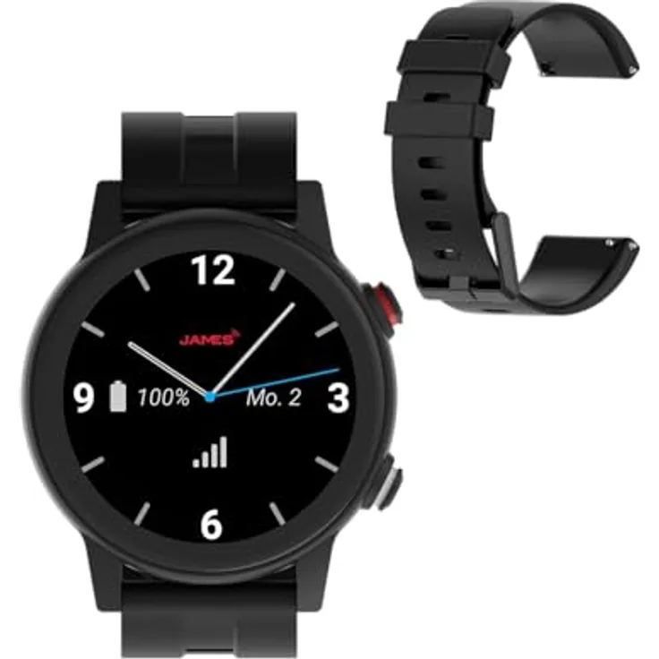 James R9 Smartwatch, Notrufuhr mit GPS, Sturzmelder und 1,43 Zoll AMOLED-Display, Schwarz, 20mm
