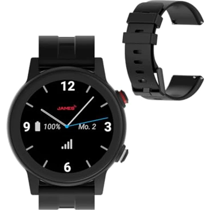 James R9 Smartwatch, Notrufuhr mit GPS, Sturzmelder und 1,43 Zoll AMOLED-Display, Schwarz, 20mm – Bild 1