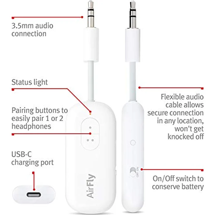 Twelve South AirFly Duo | Wireless Transmitter With Audio Sharing for up to 2 Airpods-Wireless Headphones to Any Audio Jack for use ON Airplanes, Boats or in Gym, Home, Auto – Bild 4