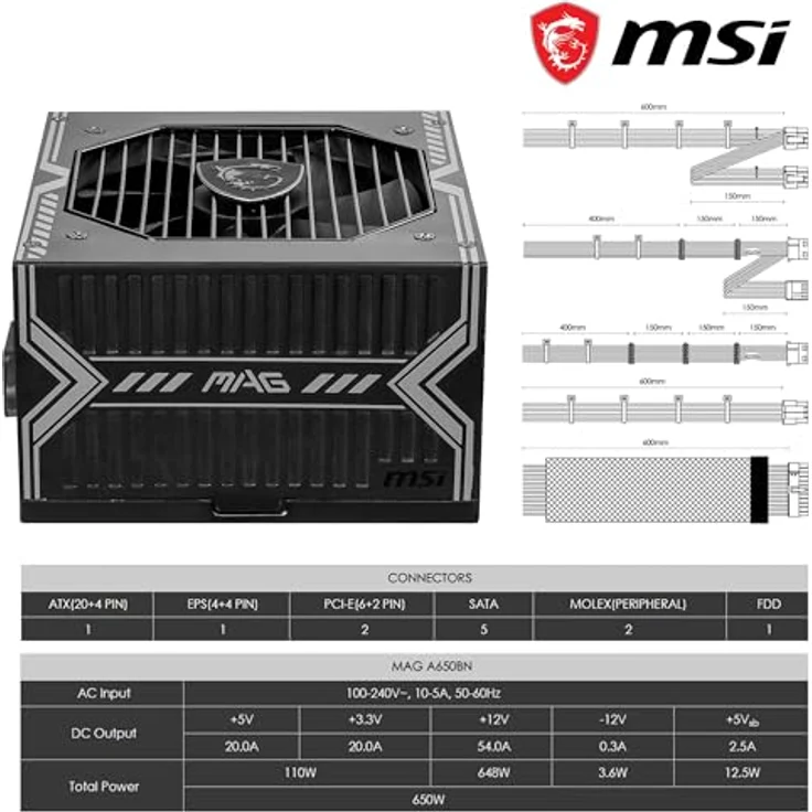 MSI MAG A650BNL, 650W ATX Netzteil mit 80 PLUS Bronze Zertifizierung, flachen Kabeln und geräuscharmem 120 mm Lüfter – Bild 5