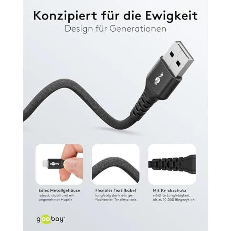 goobay Lightning auf USB-A 60W, 2m flexibles Textilkabel mit 480 Mbit/s, schnelles Laden für Apple Geräte, schwarz – Bild 4