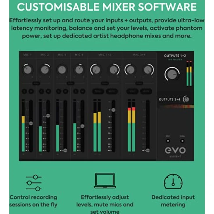 EVO 8 USB Audio Interface externe Soundkarte für Musikproduktionen (4 in / 4 out, Smartgain, Smart Touchpoints, Loopback Funktion, 48V Phantomspeisung, 4 Mikrofonvorverstärker, Windows / Mac / iOS) – Bild 4