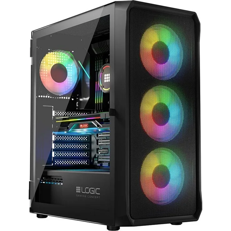 Logic PORTOS ARGB MINIDI, Midi-Tower PC-Gehäuse in Schwarz mit 4x 2,5"- und 2x 3,5"-Schächten, RGB-Hintergrundbeleuchtung und Seitenfenster
