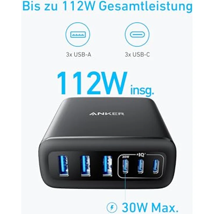Anker 112W USB C Ladegerät, 6 Port Ladestation mit 112W Leistung, für iPhone 17/16/15 Series, MacBook Air, Pixel, Galaxy, iPad, inklusive Kabelbinder, schwarz – Bild 4