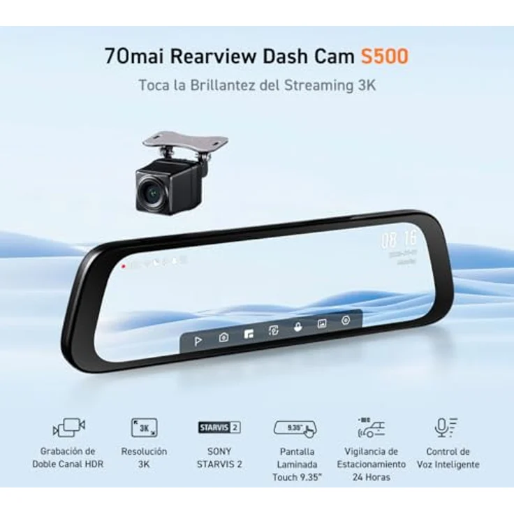 70mai S500 Spiegel Dashcam (WLAN (Wi-Fi), Mit 1080P Rückfahrkamera, 9.35'' IPS TouchScreen, IMX675 Bildsensor, G-Sensor, HDR) – Bild 2