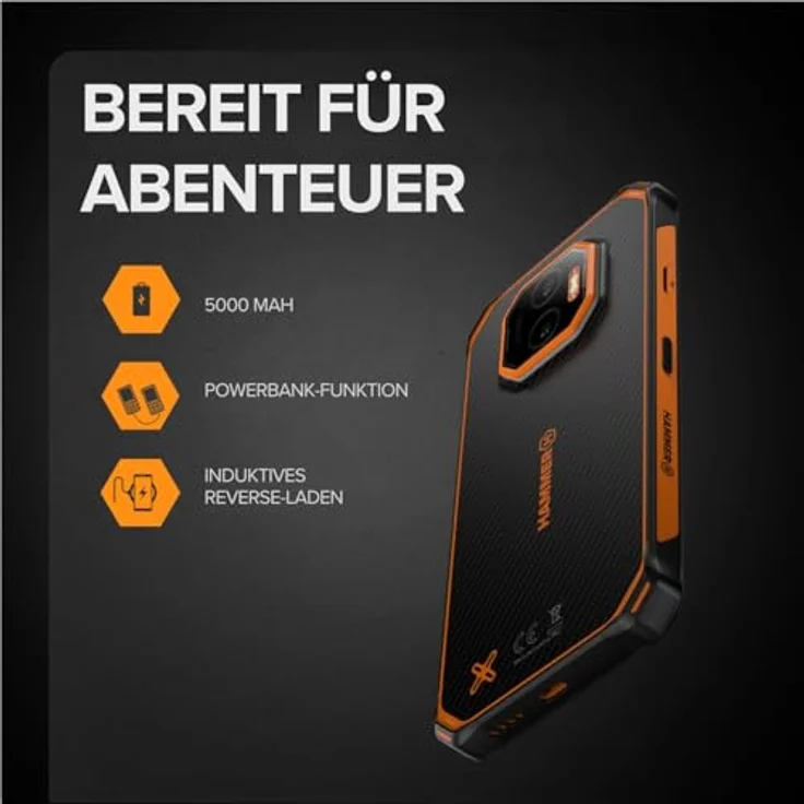 Hammer Energy X2 4G, Rugged Outdoor Smartphone mit 6+6GB RAM, 128GB, 50-MP Kamera, IP69, 6.1" Display – Schwarz-Orange – Bild 5