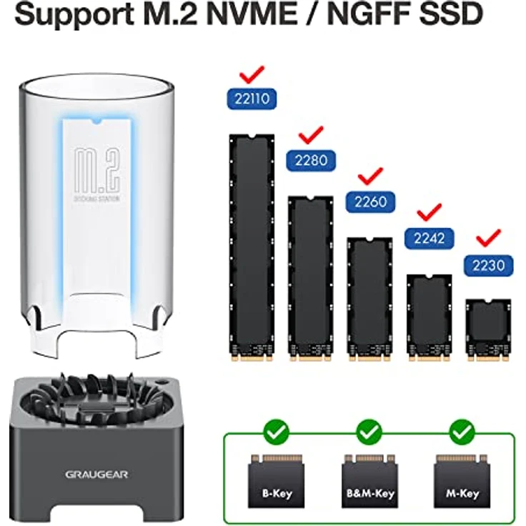 GRAUGEAR | M.2 NVMe SSD und NGFF SSD Docking-Station | RTL9210B für alle M.2 SSD | USB3.2 Gen2 10Gbit/s | 50mm leiser Lüfter | Kühlkörper | werkzeuglos | 2X USB Kabel | G-M2DK-AC-10G – Bild 2