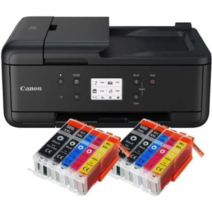 IC-Office TR7650 Farbtintenstrahl Multifunktionsdrucker 4-in-1 (Drucken, Kopieren, Scannen, Faxen, ADF, WLAN, AirPrint) schwarz + 10 XXL Tintenpatronen