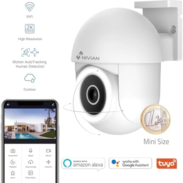 NIVIAN PTZ Überwachungskamera 2K SUPER HD, WiFi, Nachtsicht, Bewegungserkennung, Autotracking, kompatibel mit Alexa und Google Home, App TUYA – Bild 2