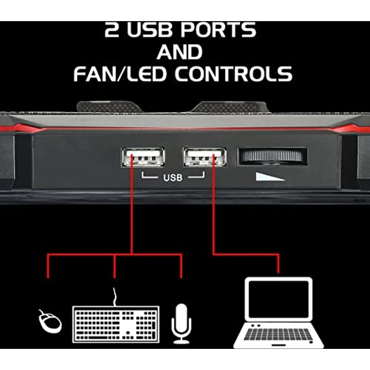 ENHANCE Cryogen 5 Laptop-Kühlpad-Ständer mit 7 Höhenoptionen, zwei USB-Anschlüssen, geeignet für Laptops bis 17 Zoll, 1 leiser 7-Zoll-Lüfter mit 800 U/min - Rot – Bild 4
