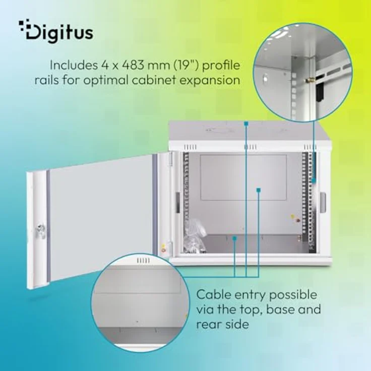 DIGITUS Netzwerkschrank Dynamic-N, 19-Zoll Rack 9HE, unmontiert, Wandmontage, 450 mm Tiefe, 60 kg Traglast, abschließbare Glastür, grau – Bild 5