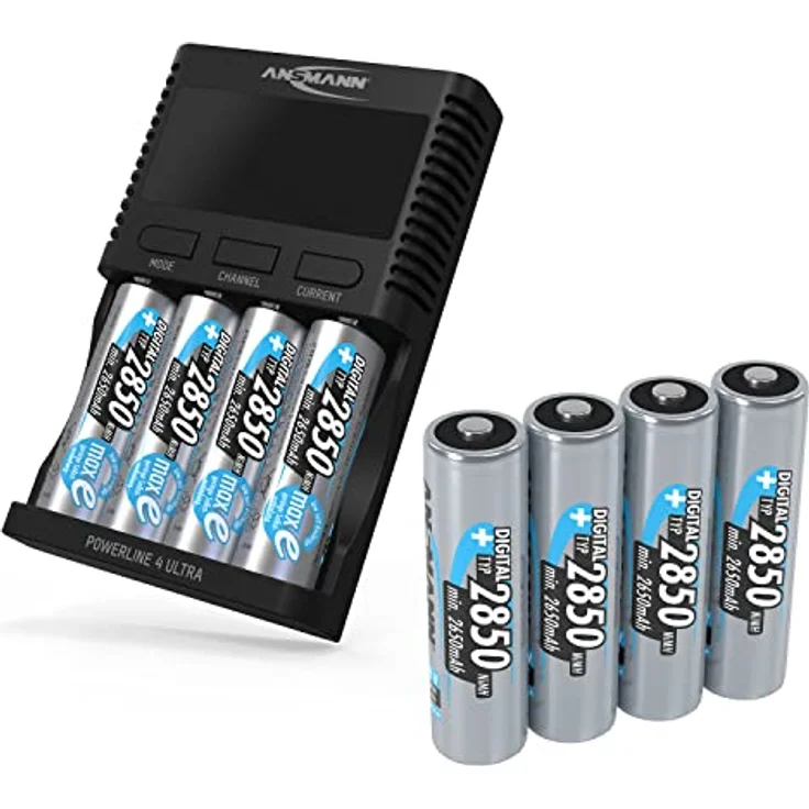 ANSMANN Powerline 4 Ultra Akku-Ladegerät für AA/AAA/C/D NiMH Akkus & Li-Ion Rundzellen 18650/26650 Batterieladegerät mit 4 Ladeprogrammen inkl. 8X NiMH AA2850 Akkus, Schnellladegerät – Bild 1