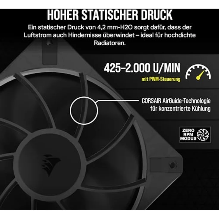 CORSAIR RS120 MAX 120-mm-PWM-Dicker-Lüfter – Hoher Statischer Druck – Flüssigkristallpolymer-Konstruktion – Einzelpackung – Schwarz - Preisvergleich – Bild 4
