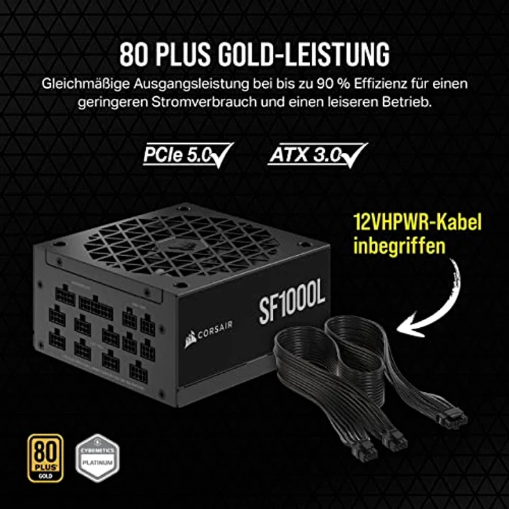 Corsair SF1000L Vollmodulares, Geräuscharmes SFX-Netzteil - ATX 3.0- Und PCIe 5.0-Kompatibel - Leiser 120-mm-PWM-Lüfter - 80 Plus Gold-Effizienz - Null-Drehzahl-Modus - 105°C-Kondensatoren - Schwarz – Bild 3