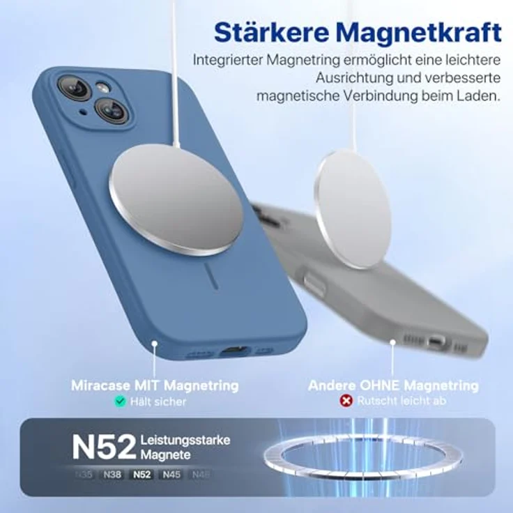miracase iPhone 15 Hülle mit MagSafe, kratzfestes Mikrofaser-Innenfutter, stoßfeste Flüssigsilikon-Hülle, Glas Blau – Bild 4