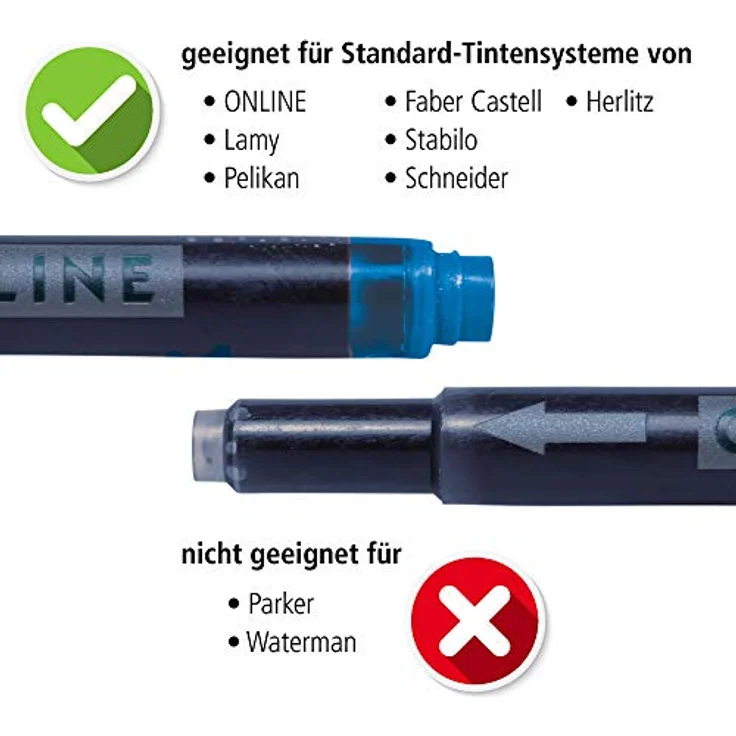 Online Bunte Kombi-Tintenpatronen (Universal-Patronen, kompatibel mit allen gängigen Füllern, auch Lamy-Füller, Ersatz-Patronen) 4er Pack rot, grün, schwarz, lila – Bild 3