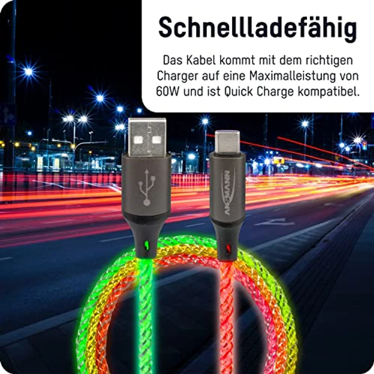 Ansmann Ladekabel 100 cm USB-A auf USB Typ C mit coolem, pulsierendem LED-Licht/Ruhiger Farbwechsel, ganz ohne störendes Blinken/Echter Hingucker für Gamer, Kfz Innenraum, Schlafzimmer – Bild 5