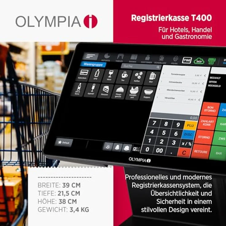Olympia T400DK, Handels- und Gastronomiekasse mit 15,6 Zoll Touchdisplay, schwarz, ohne TSE, Android 11 – Bild 2