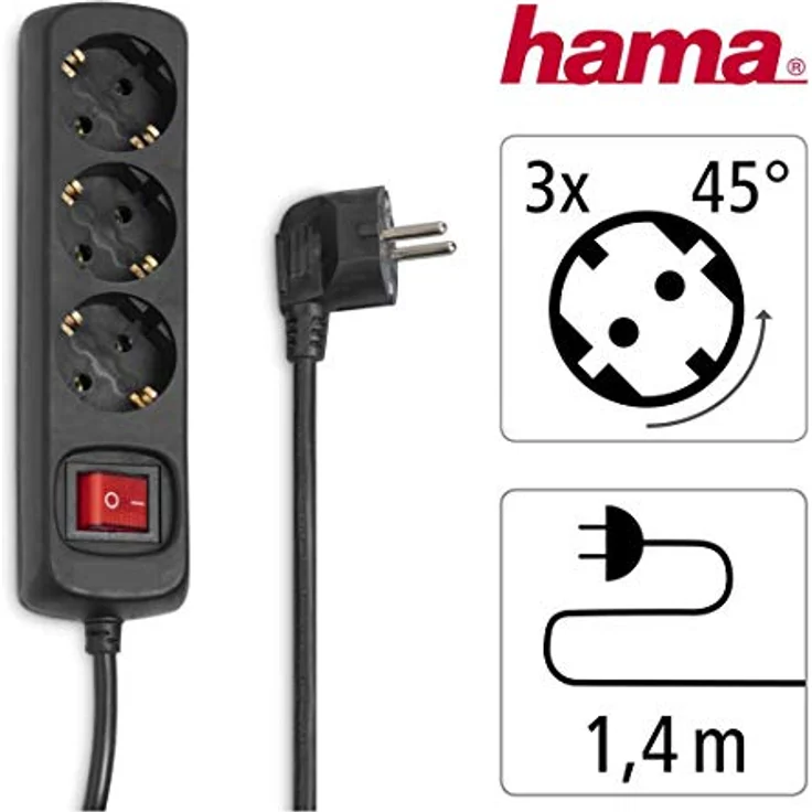 Hama Steckdosenleiste 3-fach (Mehrfachsteckdose mit Save Energy-Schalter zum Stromsparen, Steckplätze 45 Grad gedreht, Kabel 1,4m, GS geprüft) schwarz – Bild 2