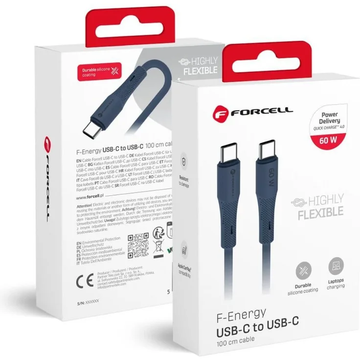 Forcell USB C Kabel 60W PD 3A Schnellladekabel, Silikon 1m, QC4.0, Dunkelblau