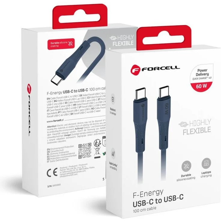 Forcell USB C Kabel 60W PD 3A Schnellladekabel, Silikon 1m, QC4.0, Dunkelblau