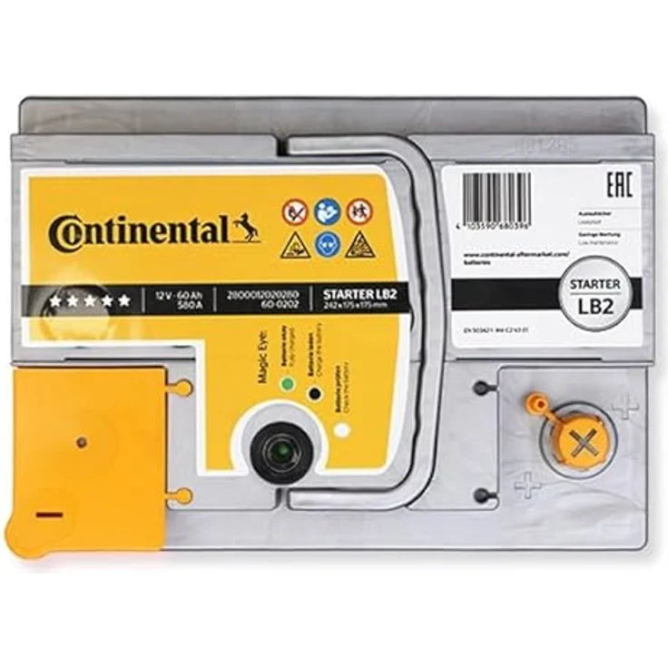 Continental Starterbatterie L2B 60Ah 12V 580A, wartungsfrei, für Benzin- und Dieselfahrzeuge, pluspol rechts – Bild 2
