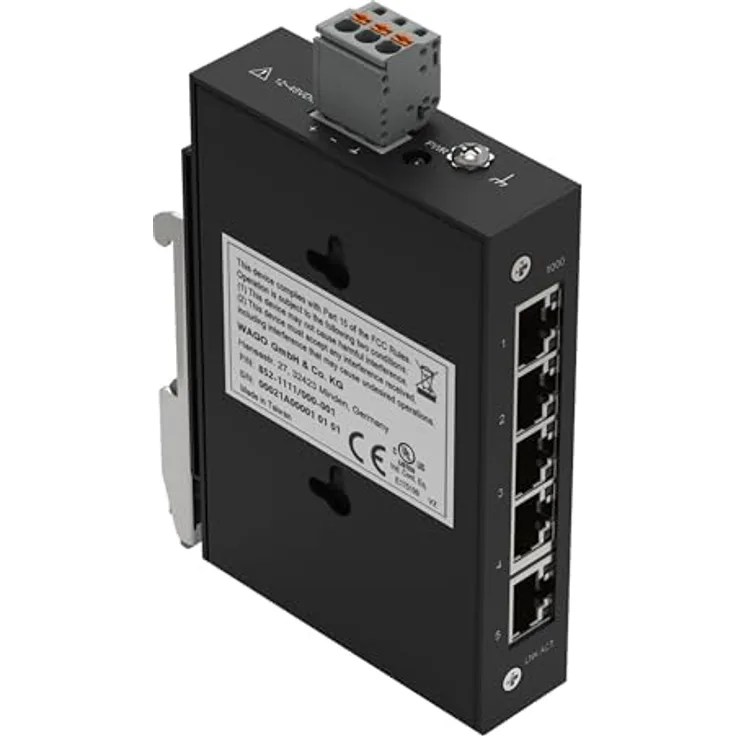 WAGO Industrial-ECO-Switch 852-1111 | mit 5 ETHERNET‐Ports 10/100/1000 MBit/s Autonegotiation und Diagnose‐LEDs auf der Vorderseite, unterstützt bis zu 8000 absolute MAC‐Adressen