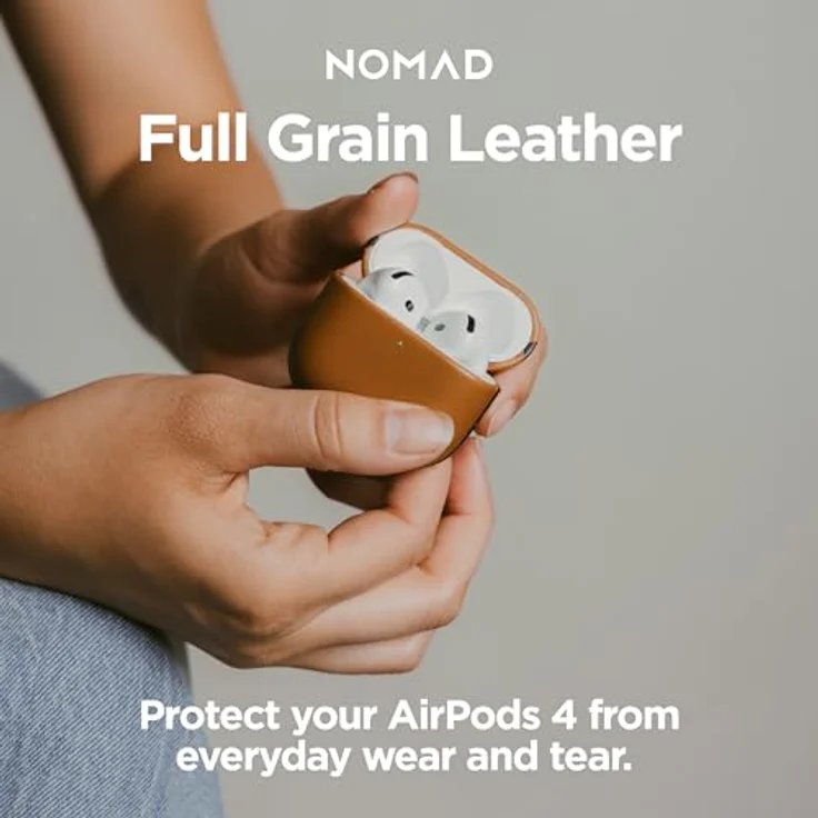 NOMAD Modern Leather Case für Airpods 4 | Robuste Schutzhülle aus Polycarbonat und Echtleder, gummierte TPE-Bumper, kabelloses Laden, English Tan – Bild 6