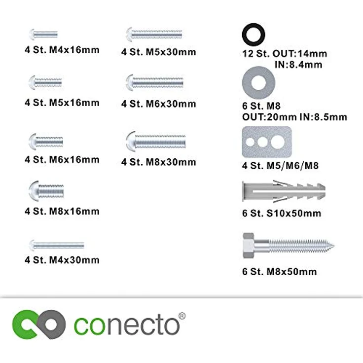 [Neu] conecto Vesa Schrauben Set 66 teilig, optimal für TV Befestigung, TV Wandhalterung, TV Halterung, Befestigungsschrauben mit Dübel & Unterlegscheiben, Silber - Preisvergleich – Bild 4