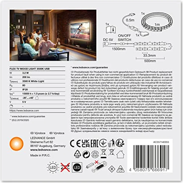 LEDVANCE TV LED Strips 1m mit USB Anschluss, 3500K, Hintergrundbeleuchtung für Fernseher, Beleuchtung für Bilder, Lichtband selbstklebend, TV Surround FLEX Strips, Weiß – Bild 4