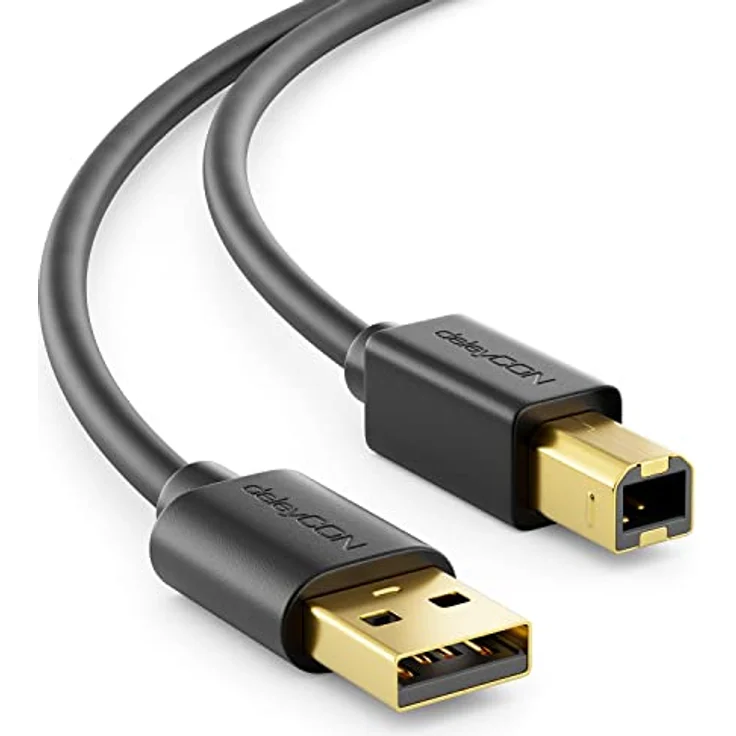 deleyCON 2m USB 2.0 Datenkabel Druckerkabel Scannerkabel - Schwarz, High-Speed mit bis zu 480 Mbps, passgenaue stabile Stecker – Bild 1